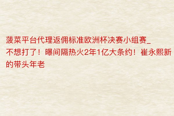 菠菜平台代理返佣标准欧洲杯决赛小组赛_不想打了！曝间隔热火2年1亿大条约！崔永熙新的带头年老